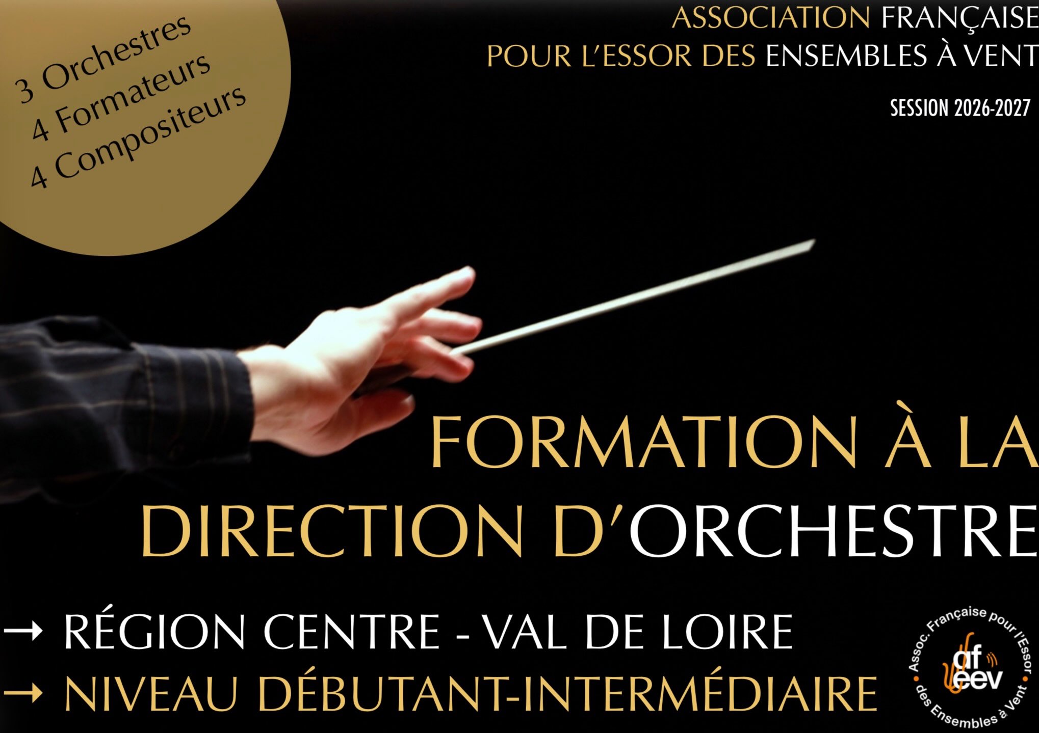 Formation à la Direction d’Orchestre en Région Centre-Val-de-Loire @regioncentre_valdeloire - niveau débutant-intermédiaire
Jérôme Genza, Pascale Jeandroz, @a.didierdescamps 
Société Musicale d’Argenton-sur-Creuse, @orchestreharmonie, @harmoniedebourges 
Brochure sur notre site:
https://www.afeev.fr/formations-afeev/direction-orchestre/